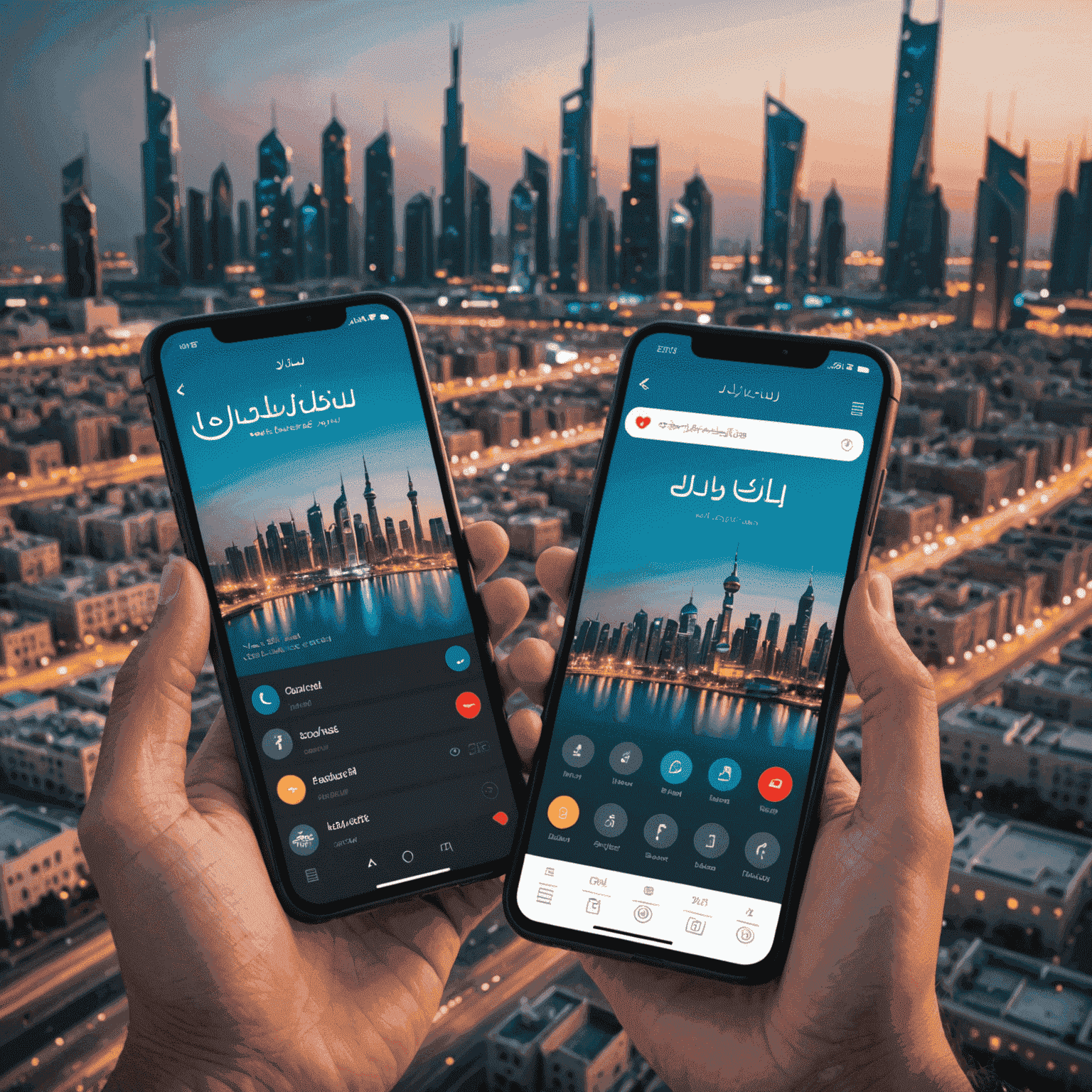 LifeSaver app interface displayed on multiple smartphones with Kuwait City skyline in the background, showcasing the app's sleek design and Arabic language support