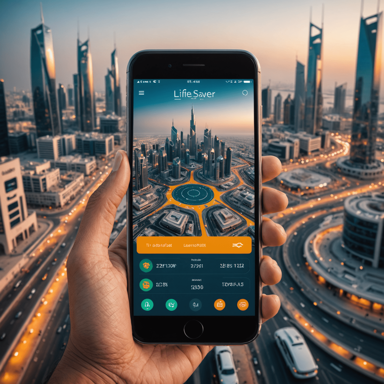 A futuristic interface of LifeSaver app showcasing its innovative mobile top-up features, with a Kuwaiti cityscape in the background