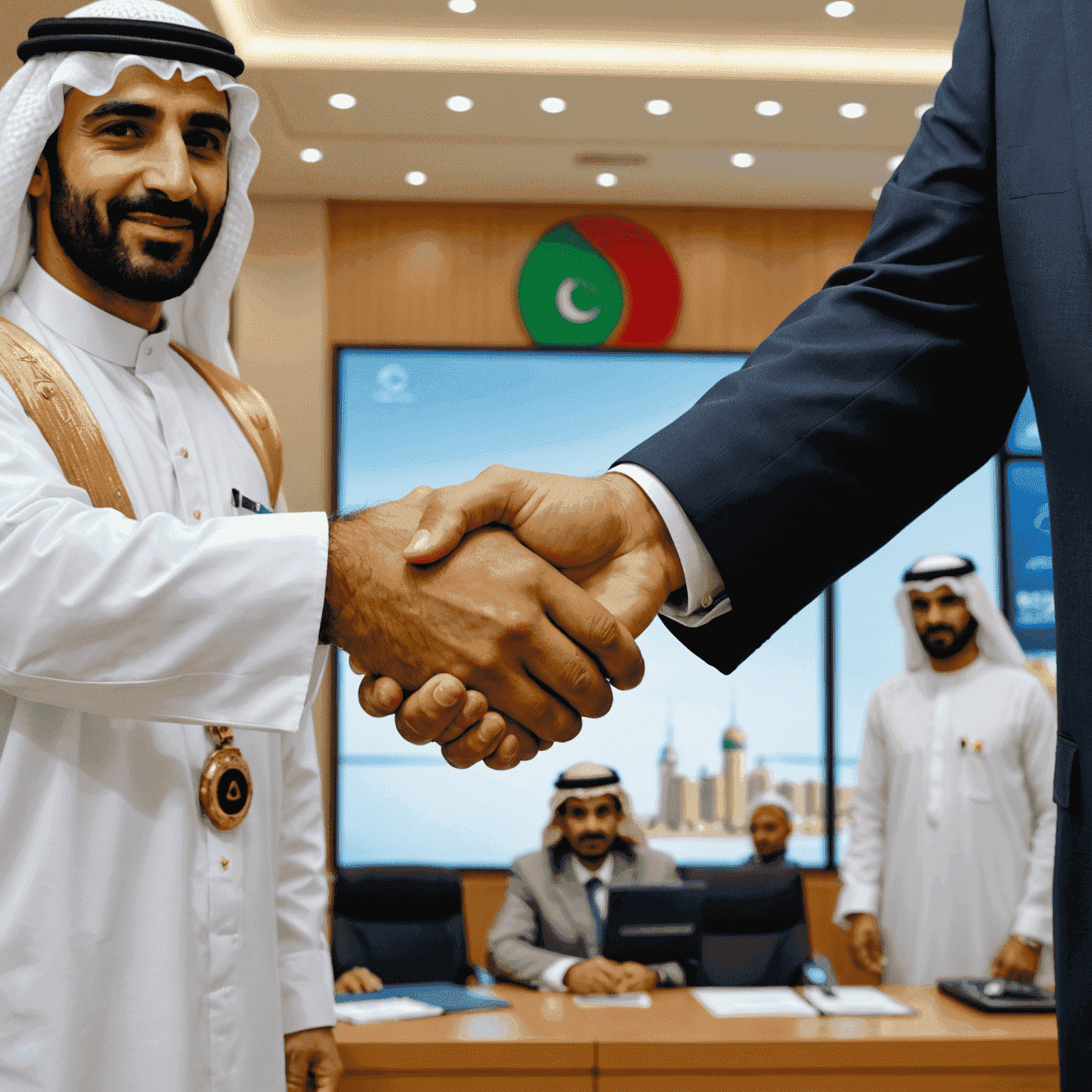 A handshake between LifeSaver representative and Kuwaiti telecom executives, symbolizing partnership. Logos of major Kuwaiti telecom companies visible in the background.