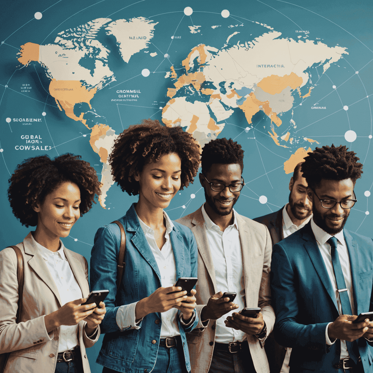 A diverse group of people using smartphones to make international calls, with a world map in the background showing connection lines between different countries. The image emphasizes the global connectivity aspect of international calling.