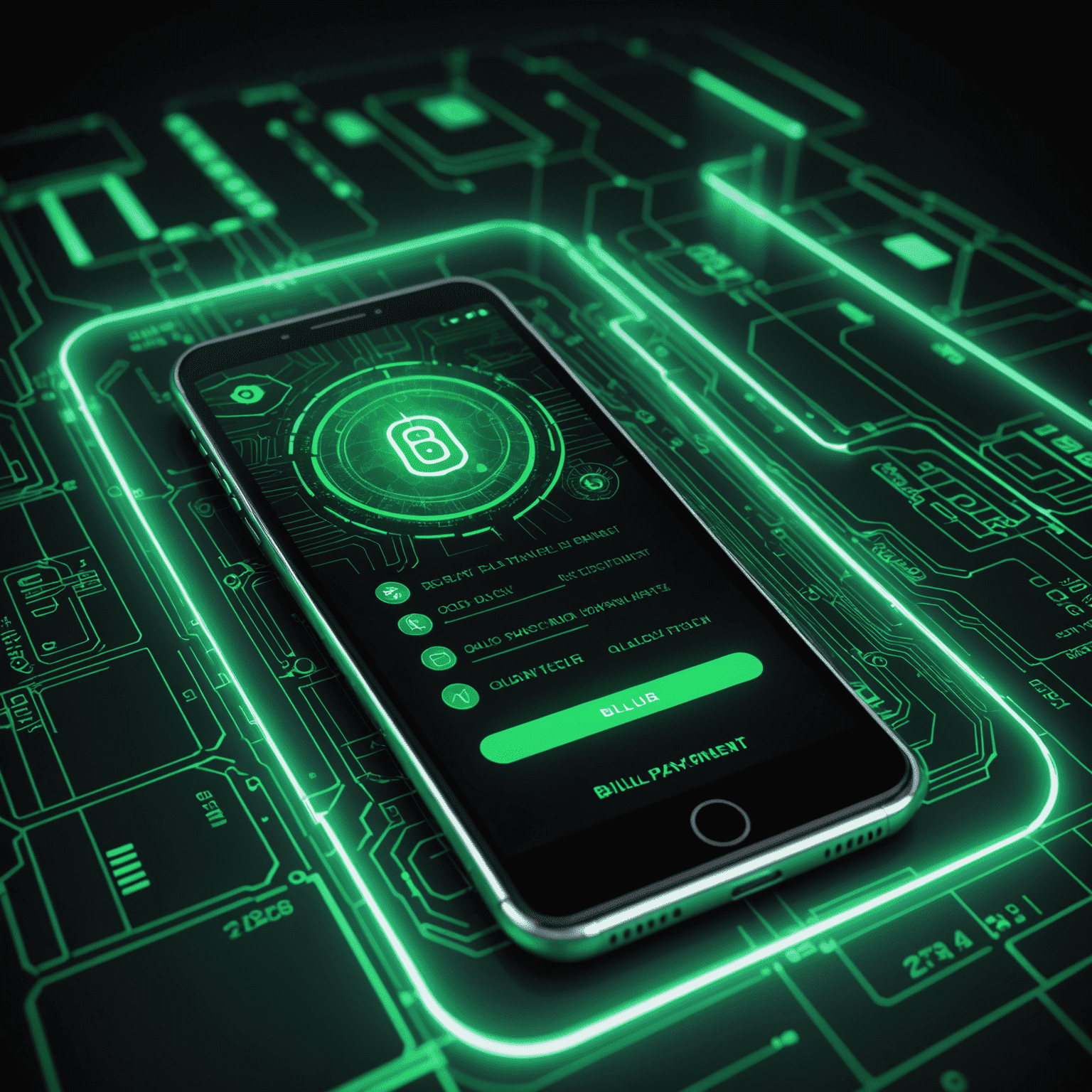 A futuristic interface showing a mobile phone with a glowing screen displaying a bill payment process. The background features abstract digital patterns in shades of green, representing secure data transfer.
