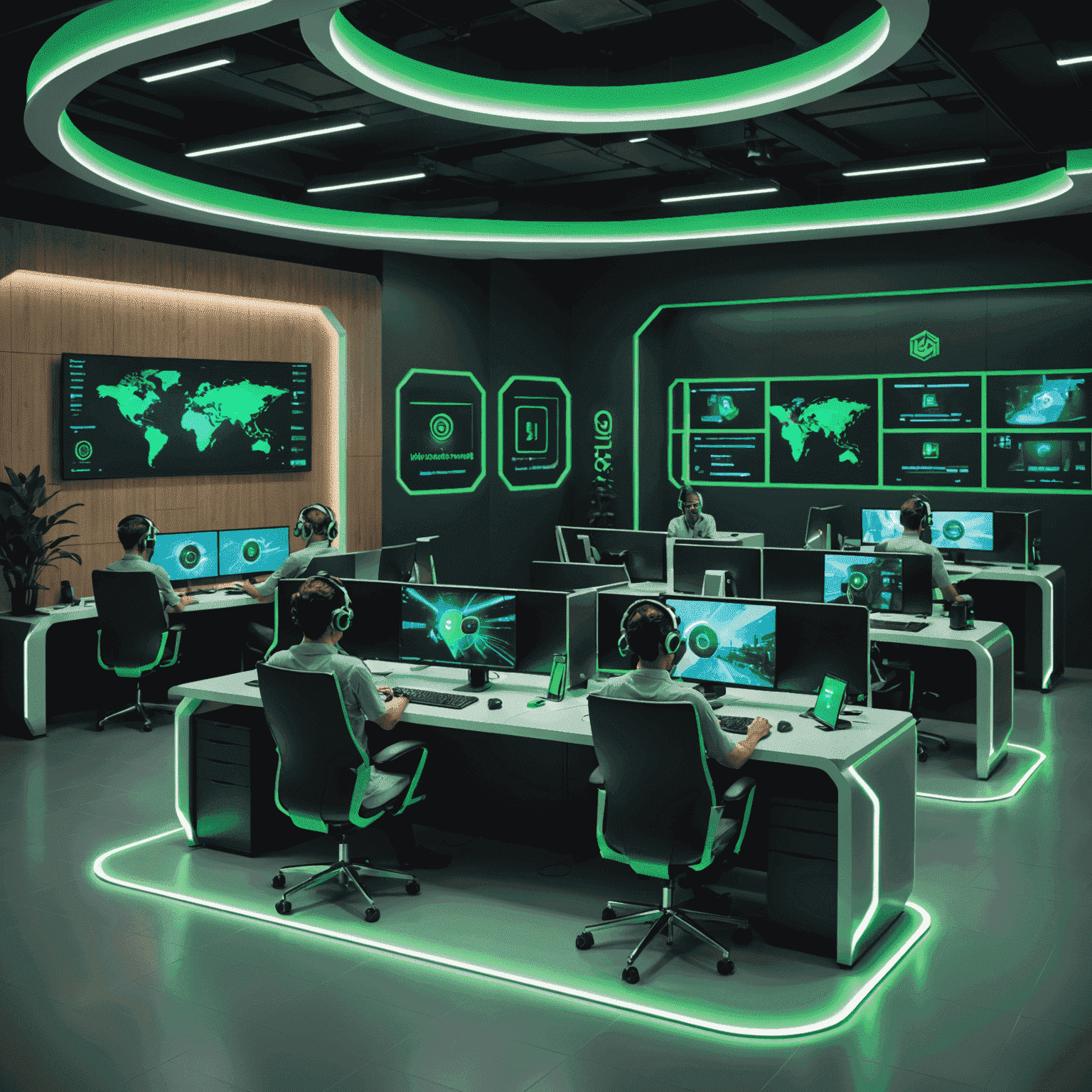 A modern customer support center with agents wearing headsets, sitting at sleek workstations with multiple screens. The room has a futuristic design with green accent lighting, representing LifeSaver's commitment to cutting-edge support in Kuwait.