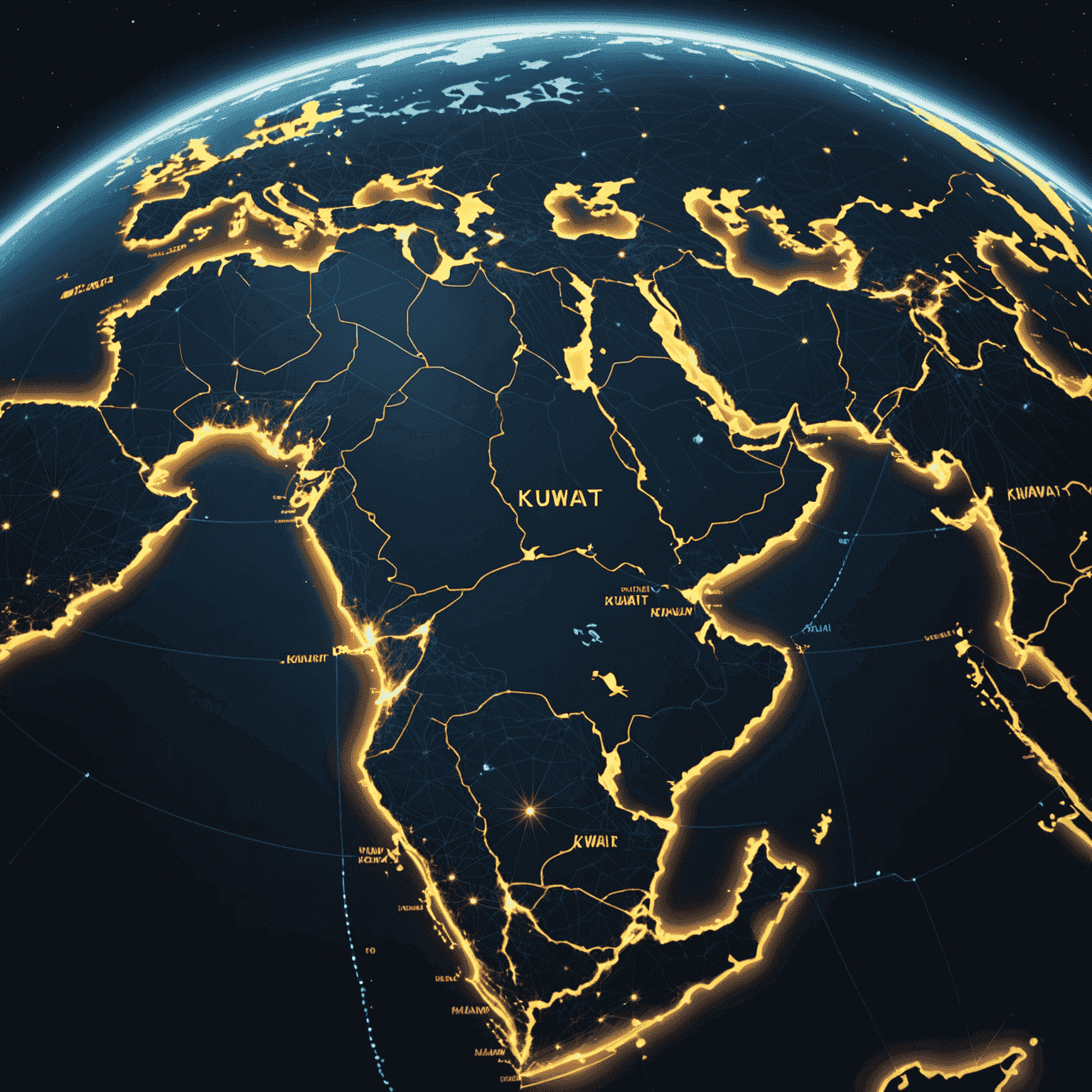 A world map with glowing lines connecting Kuwait to various countries, representing international calls