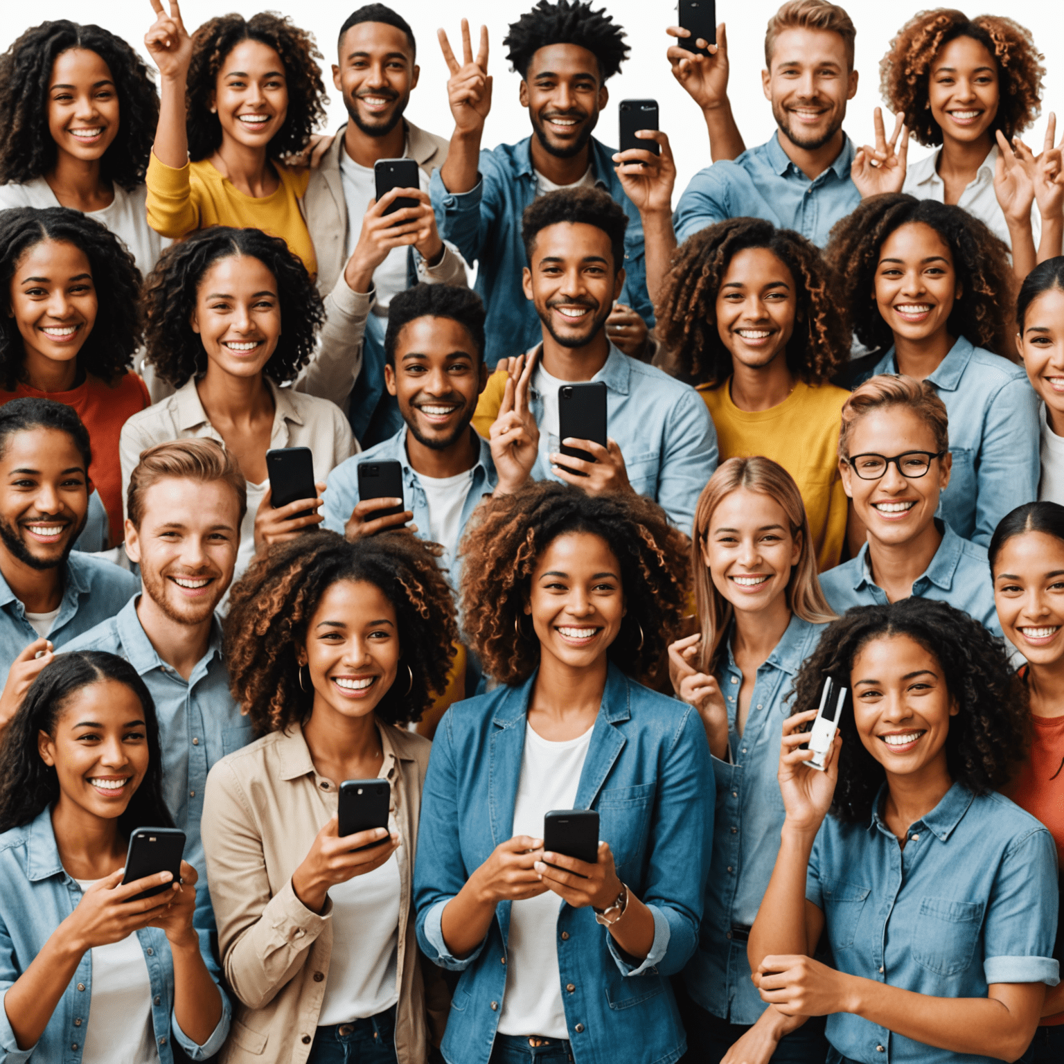 A collage of diverse people smiling and waving at their smartphones, representing happy customers using LifeSaver's international calling service. The image showcases the joy of connecting with loved ones across different time zones and cultures.