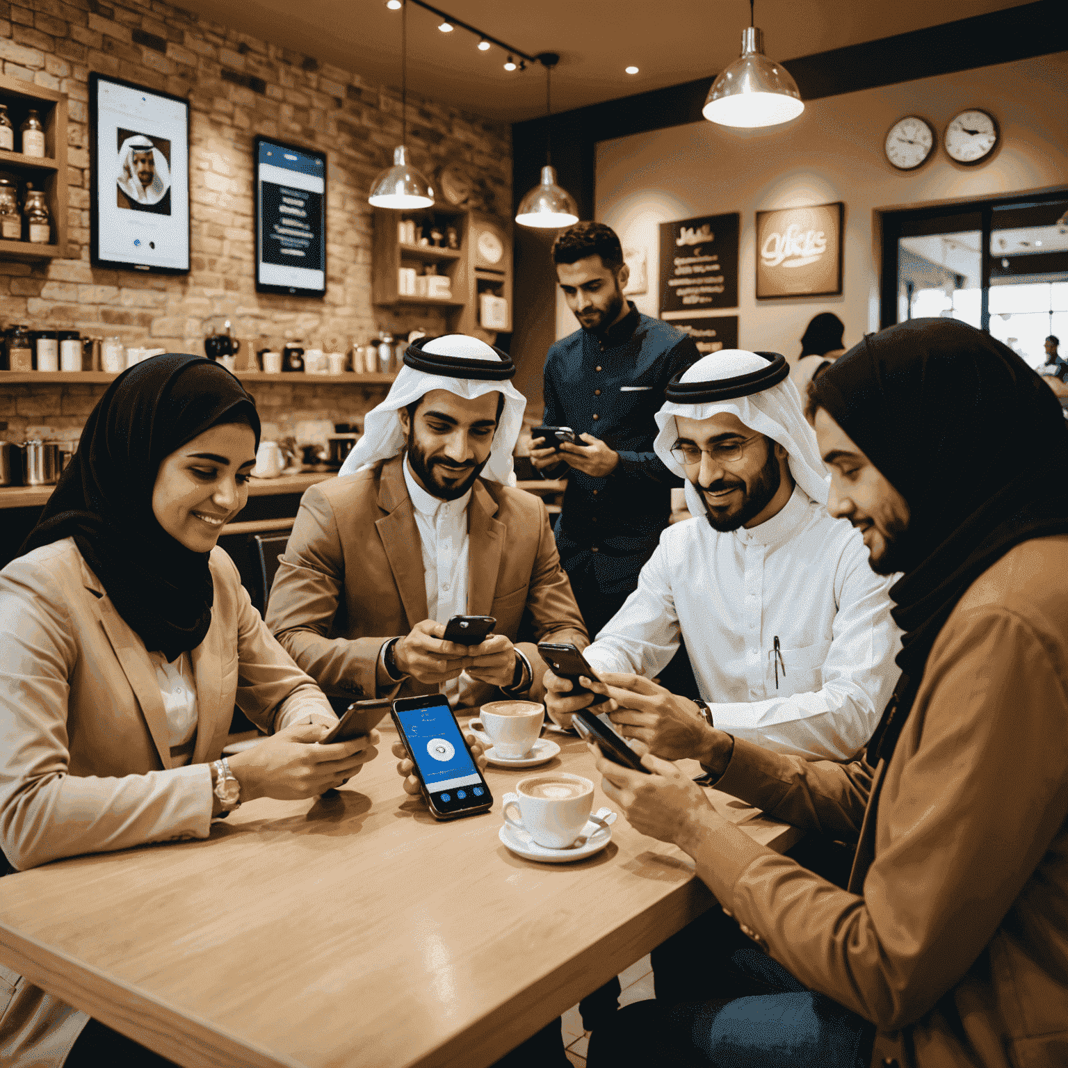 Diverse group of Kuwaiti residents using the LifeSaver app on their smartphones in a modern coffee shop setting