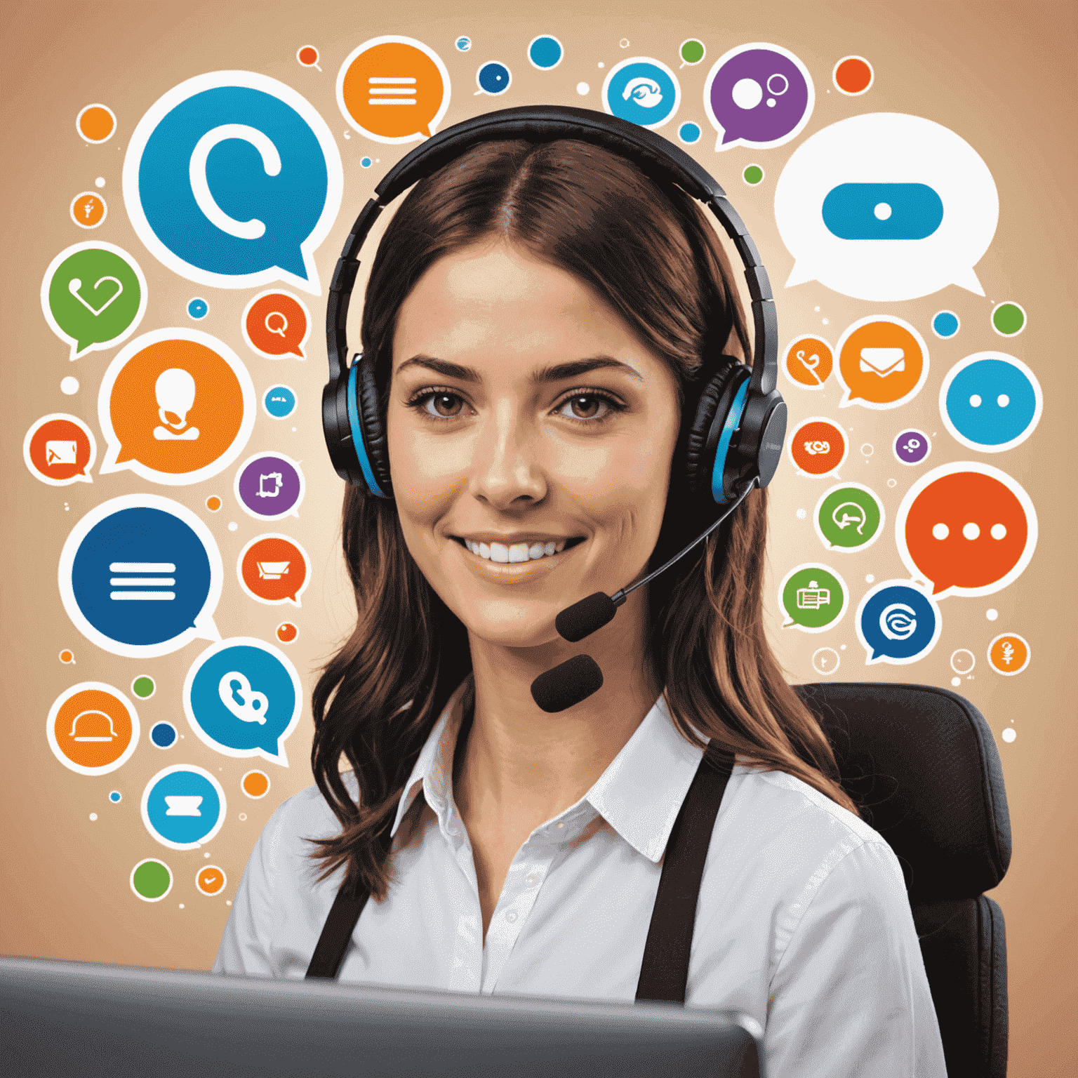 A friendly customer service representative with a headset, surrounded by chat bubbles and support icons